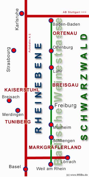 Badische Weinstrasse von Ortenau, Breisgau bis Markgräflerland. Zwischen Rheineben und südlichen Schwarzwald.